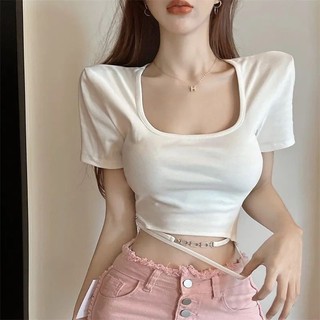 Áo thun nữ, sang trọng, ngọt ngào, eo, ngắn, cổ vuông, vừa vặn, tay ngắn, ngọt ngào, bó sát, hàng đầu LQLK