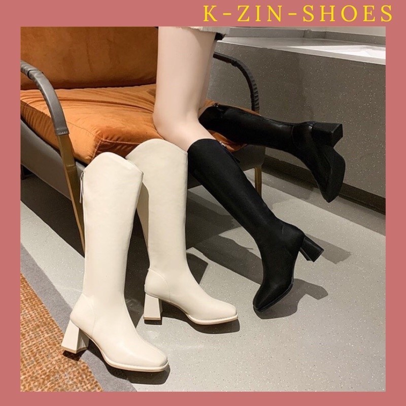 [Hằng Sẵn ]Bốt Đùi Nữ Cổ V,Boot Cao Cổ Khóa Sau Da Lì Gót Vuông , Cao 7 Phân