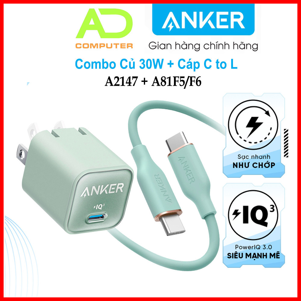 Combo bộ sạc Anker Củ 511 Nano 3 30W 1USB-C A2147 & Cáp sạc Anker 643 Powerline III Flow USB-C to US