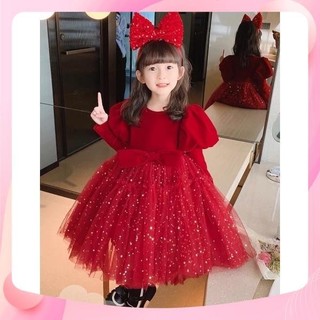 Váy đầm nhung cứng phối ren sao cao cấp cho bé gái