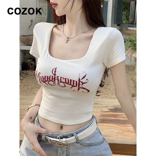 Áo thun ngắn tay cổ chữ U bằng Cotton dành cho nữ