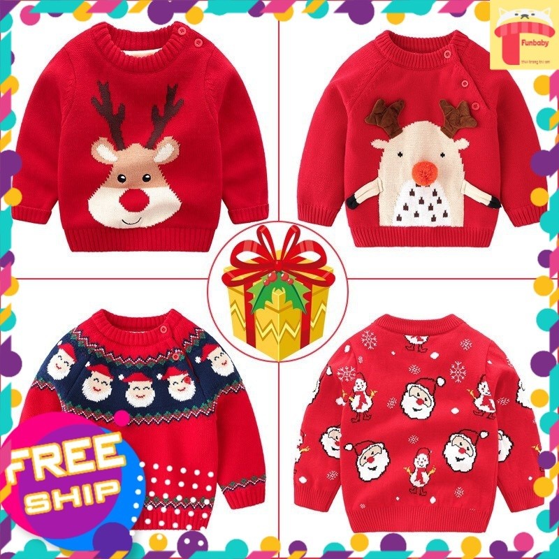 Áo len đỏ bé trai và bé gái, Áo noel cho bé 2 lớp 3-8 tuổi hình nhân vật giáng sinh ngộ nghĩnh đanh 
