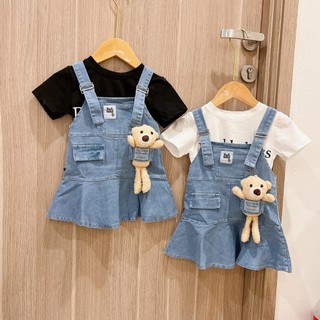 Set yếm váy bò gấu thật kèm áo cotton 2 màu đen trắng, set yếm bò cute bé gái