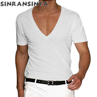 Sinransinya Áo thun nam mới, phong cách cổ điển Âu Mỹ cổ điển giản dị, dáng ôm vừa vặn kiểu Âu Mỹ, màu trơn cặp đôi cổ chữ V tay 5 / 4