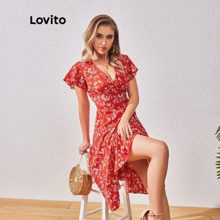 Đầm Lovito đắp chéo hoa nhí boho cho nữ LBL07077