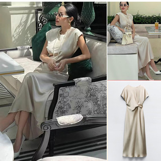  24 Mùa Xuân Phong Cách Mới Đầm Sáo Satin Pháp Tay Ngắn Cổ Tròn Nẹp Eo Xếp Ly Tính Khí2454845