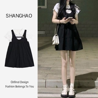 Preppy Phong Cách Giả Hai Mảnh Dây Đeo Đầm Mùa Hè Búp Bê Cổ Ngọt Ngào Dễ Thương Áo Sơ Mi Giảm Tuổi Nhỏ Suspender Váy