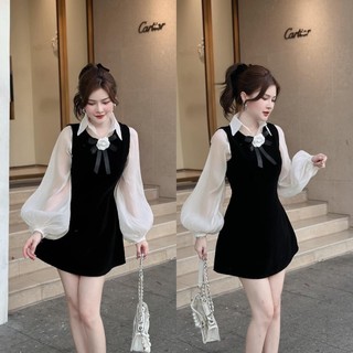 Sét đồ đi tiệc s539 kiểu tiểu thư form ngắn dáng babydoll gồm áo sơ mi phối váy suông kèm tag hoa freesize KimHoa77