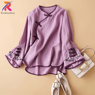 Ruidiandian cửa hàng quần áo mùa xuân M-4XL nữ không tay nút cổ chéo thêu dáng rộng Trung Quốc họa tiết văn học