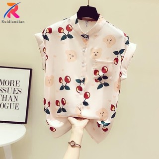 Ruidiandian Áo Sơ Mi Nữ Ew Phiên Bản Hàn Quốc Rời Tay Ngắn Voan Cổ Đứng Hoa Tay Ngắn Rời Ngọt Ngào Top