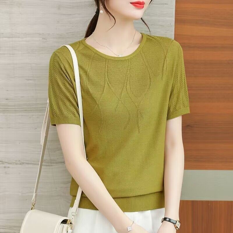Mùa hè Phong Cách Mới Áo Thun Ngắn Tay Dệt Kim Nữ Cổ Tròn Trung Niên Mẹ Mặc Rỗng Rời Thời Trang