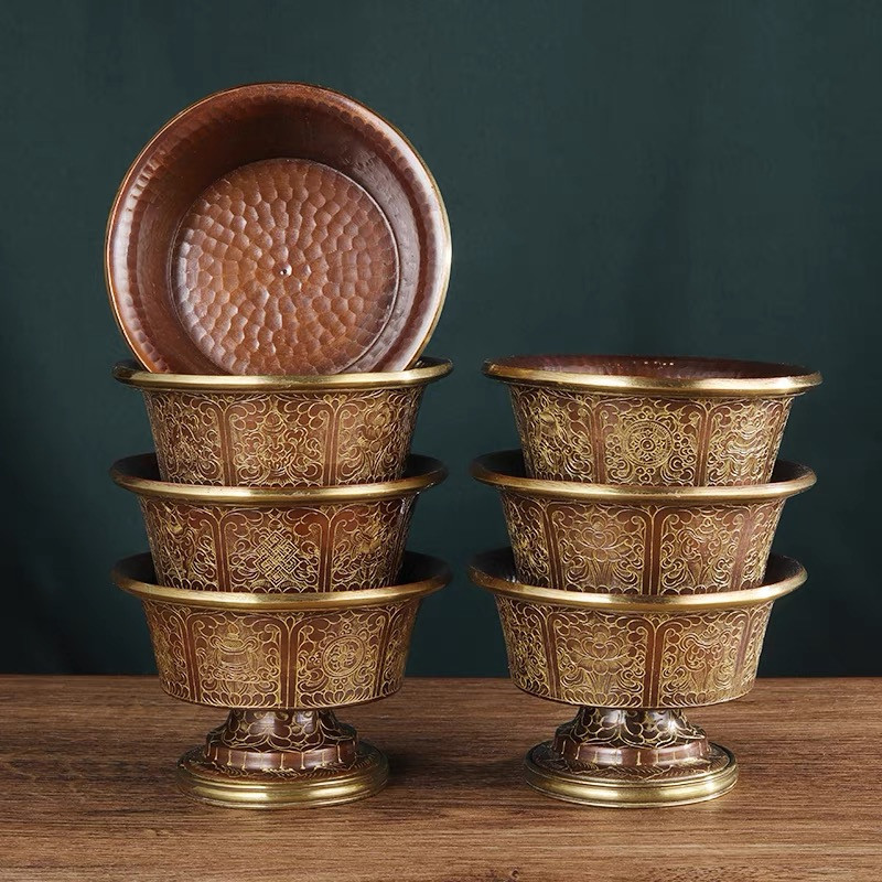 Chén Cúng Có Chân Đồng Nepal 8 Cát Tường Hoạ Tiết Vẽ Vàng Tỉ Mỉ, Chi Tiết Dâng Nước, Cúng Dường [KHÔ