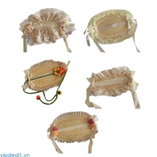 Vipdeal1 Mũ rơm dệt tay cho bé gái có dây buộc cổ cho bé gái tập đi 3-7Y Mũ nón thoáng khí Công chúa Summer-Beac