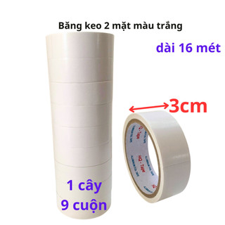 Băng keo 2 mặt màu trắng, rộng 3cm, dài 16 mét, 1 cây gồm 9 cuộn - Siêu Thị Băng Keo
