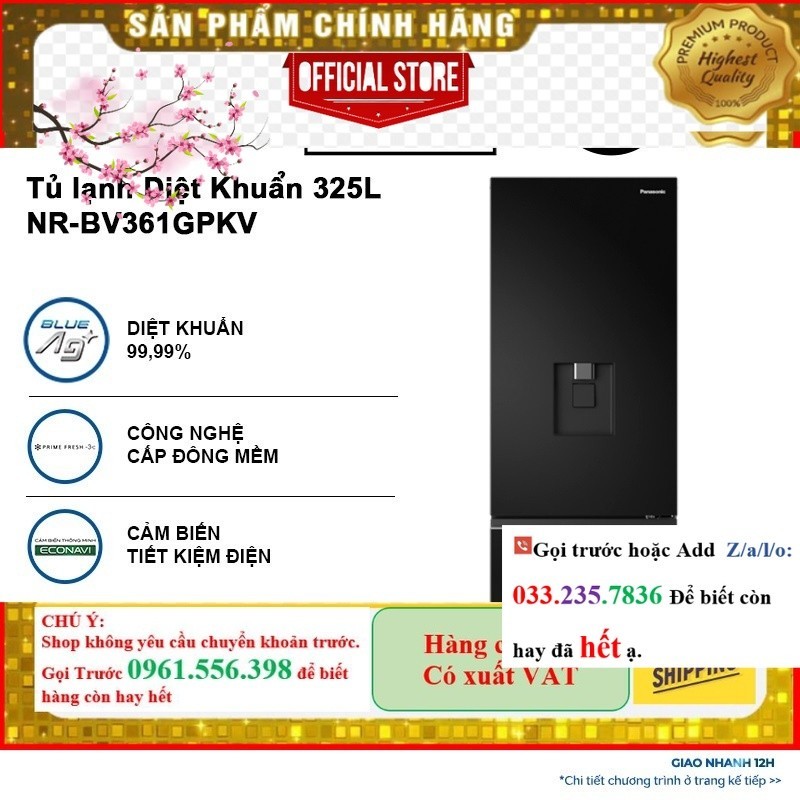 <Sale> Tủ lạnh Panasonic Diệt Khuẩn 325L NR-BV361GPKV Lấy Nước Ngoài-Ngăn Đá Dưới