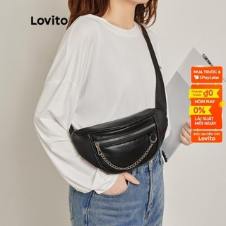 Túi đeo ngang eo LOVITO dây canvas chuỗi xích kim loại màu trơn thường ngày cho nữ L46BA006 (màu trắng/ màu đen)