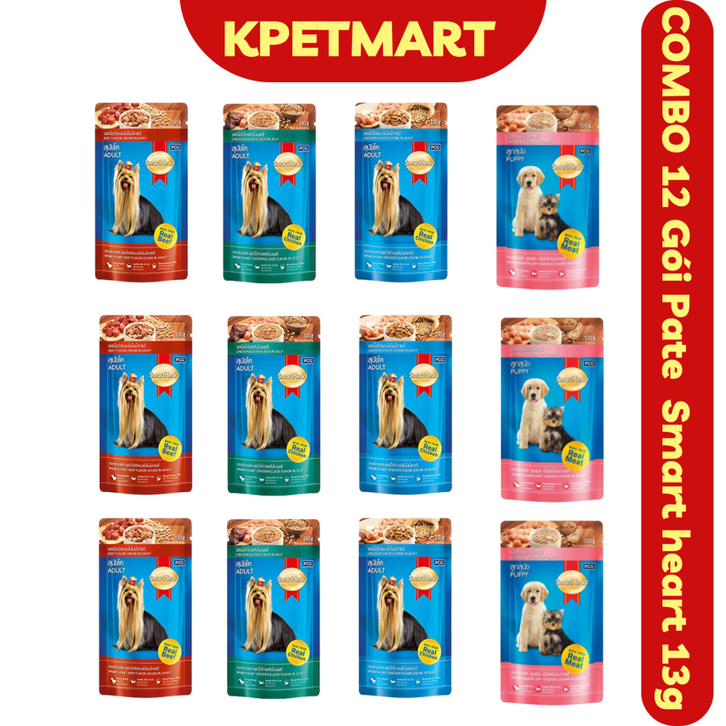 Combo 12 gói Pate Cho Chó Smart Heart Túi 130g - Thức Ăn Ướt Dinh Dưỡng Dạng Xốt Cho Chó SMARTHEART 