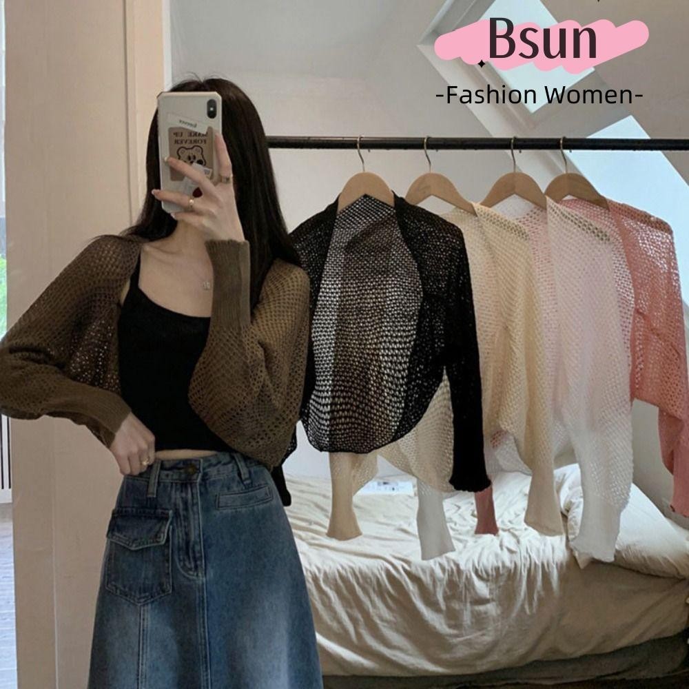 Áo khoác Cardigan dệt kim mỏng BSUNS, Áo sơ mi nhỏ mặc ngoài Áo ngắn màu trơn dành cho nữ, Áo len Cardigan dài tay rỗng dệt kim