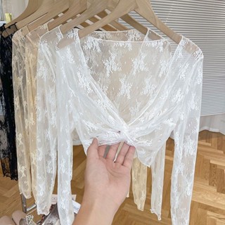  Nữ Mùa Hè Ren Đáy Áo Sơ Mi Chống Nắng Khăn Choàng Ngắn Gạc Rỗng Lưới Top Mỏng 