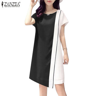 Zanzea Nữ Hàn Quốc Cổ Tròn Tay Ngắn Chắp Vá Váy Chữ A