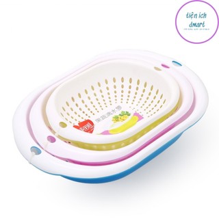 bộ rổ 2 lớp nhựa eccox cao cấp rửa rau củ quả, bộ rổ 6 món kèm chậu hình bầu dục 1319