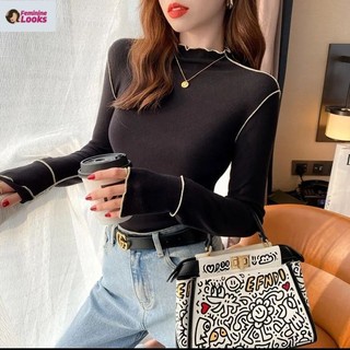 Áo Thun Tay Dài Cổ Cao Ôm Dáng Màu Trơn Phong Cách Hàn Quốc Cho Nữ