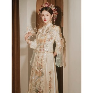 Bộ khỏa hỷ phục đầm cưới xiuhe cô dâu trung quốc màu vàng đính cườm - VAY10