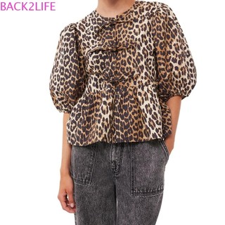 Back2life áo sơ mi rỗng in hình da báo, cổ tròn tay ngắn phồng họa tiết da báo rỗng áo, áo sơ mi thường ngày maillard họa tiết hoa nơ buộc áo sơ mi traf