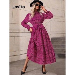 Đầm Lovito viền xếp nếp buộc dây họa tiết chấm bi phong cách thanh lịch cho nữ LNL60286