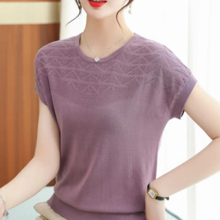 Phong Cách Mới Mùa Hè Áo Thun Nữ Cổ Tròn Rỗng Dệt Kim Thời Trang Trung Niên