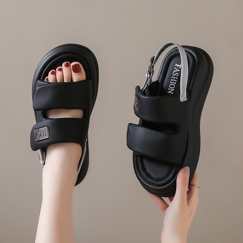 Sandal nữ quai ngang khóa dán 2 màu đen kem da mềm đế cao 5 cm Bonnie