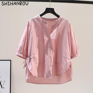 Áo sơ mi cotton SHIHANROUThin tay áo lưng ngắn mặt trước và lưng thời trang phù hợp cho nữ