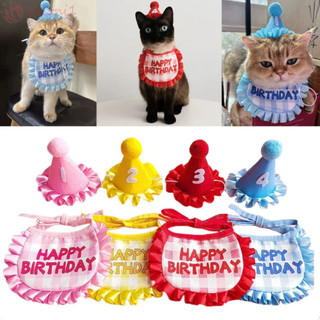 [Cod] Bộ mũ khăn quàng sinh nhật cho mèo, Cotton Polyester mềm mại cho thú cưng Tiệc sinh nhật Yếm, Yếm mèo Vải ợ có nhãn dán kỹ thuật số Mũ sinh nhật cho chó con Khăn choàng nước bọt cho mèo