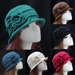 Stitchique _ Vintage Nữ Len Nhà Thờ Áo Khoác Nắp Mũ Nữ Xô Mùa Đông Mũ Hoa