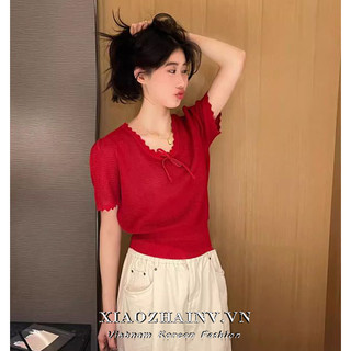 Xiaozhainv Hàn Quốc Nơ Ren Eo Top Nữ Thiết Kế Mùa Hè Sense Niche Áo Tay Ngắn Thường Ngày