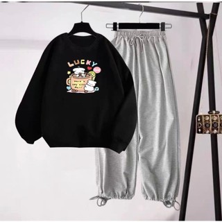 Sét áo nỉ Cún Lucky và quần bomber, Áo Unisex from rộng, thiết kế phong cách hàn quốc -  DVGIT