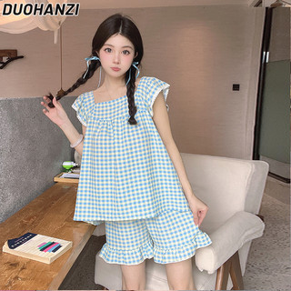 Duohanzi Bộ đồ ngủ nữ mùa hè phong cách mới ngọt ngào và dễ thương tay bay nhỏ bé gái quần áo ở nhà bộ hai mảnh
