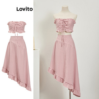 Lovito Bộ váy ren xếp nếp kẻ sọc lãng mạn dành cho nữ L89ED099
