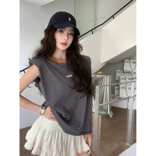 Thời Trang Tương Phản Màu Sắc In Chữ Cổ Tròn Sọc Áo Thun Không Tay Thường Ngày Rời Vai Miếng Lót Đầu