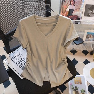 Áo thun ngắn tay có khe Cotton nguyên chất dành cho nữ Mùa hè phiên bản Hàn Quốc Thời trang cổ chữ V xếp ly hàng đầu