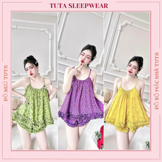 Đồ bộ pijama mặc nhà tuta đồ ngủ nữ áo 2dây quần đùi phối bèo chất liệu cao cấp