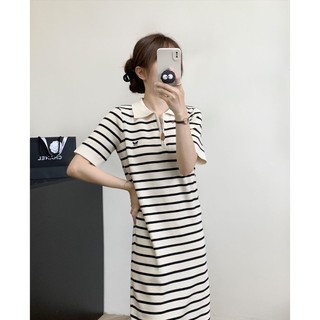 Daxingzhe Cổ Dây Kéo Mỏng Hơn Nhìn Sọc Đầm Dệt Kim Dáng Rộng Váy Bao Thịt