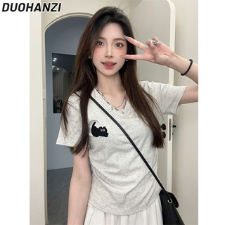 Áo thun nữ DUOHANZI hoạt hình Hàn Quốc mèo cổ chữ v tay ngắn mùa hè thon gọn áo ngắn