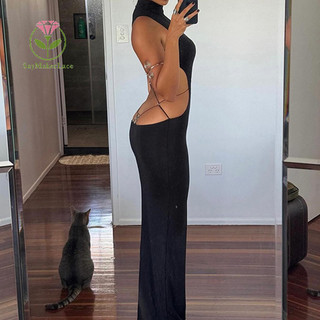 [Saymakerlace] Váy Maxi đen hở lưng gợi cảm dành cho nữ Mùa hè không tay Thanh lịch Bodycon Dây dài Váy dự tiệc thông thường