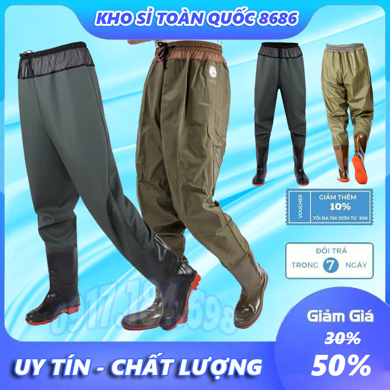 Quần Liền Ủng Lội Nước Màu Xám Xanh + Màu Nâu Mạ Quần liền ủng lội nước chất liệu cao su co dãn vải bên trong chống thấm