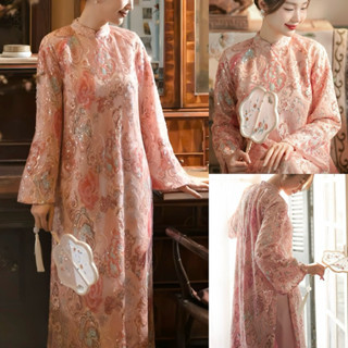 Áo Dài Nữ Lưới SEQUIN MÂY Kết Kim Sa Hoa  dáng suông cao cấp đi tiệc, cưới hỏi.