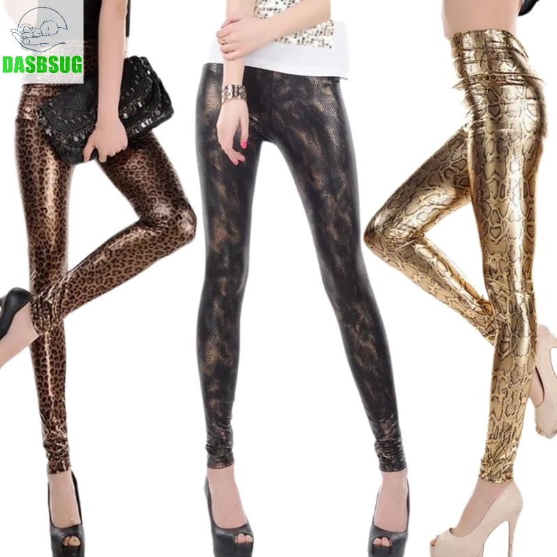 Dasbsug Quần bó sát crop thanh lịch với họa tiết rắn da báo Quần legging nữ