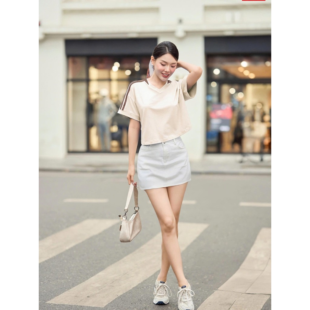 Áo phông nữ Cardina chất cotton cổ tim dáng croptop trẻ trung năng  động 5ATC14