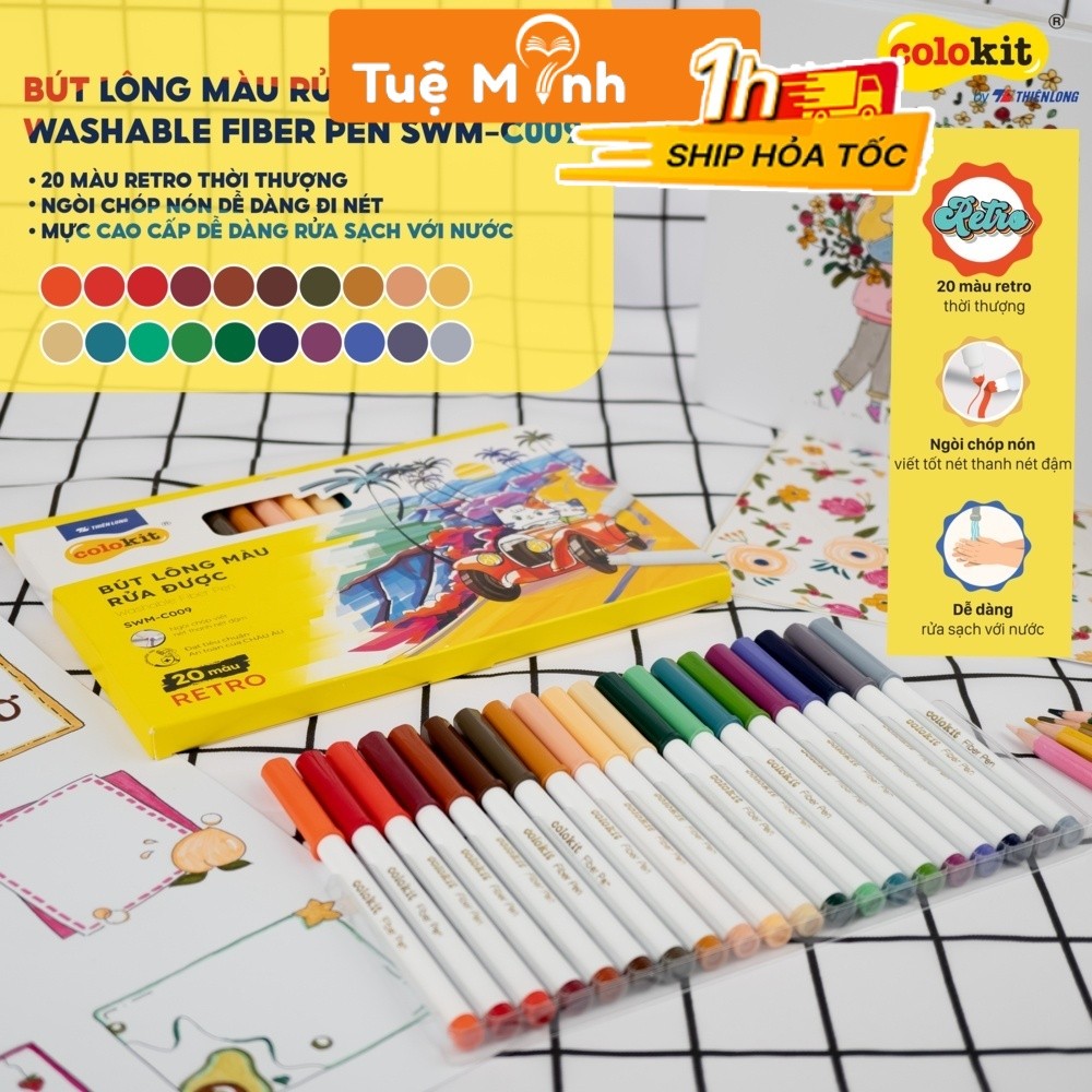 Bộ bút lông fiber pen 20 màu Retro Thiên Long SWM-C009 ngòi nón vintage viết calli, tiêu đề, tô màu