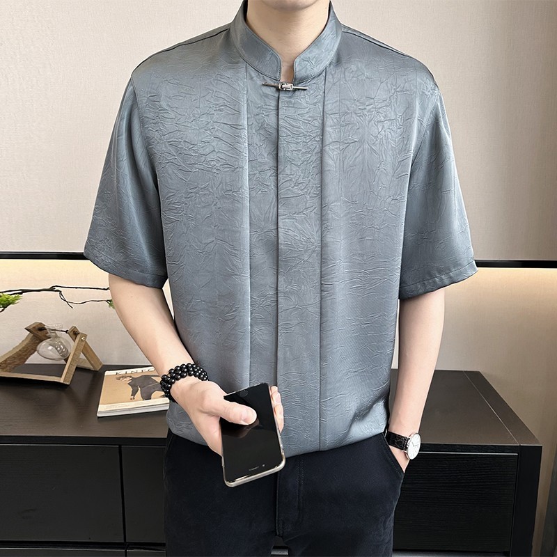 Áo sơ mi ngắn tay cổ đứng bằng lụa băng mùa hè 2024 Nam Trung Quốc mới Phong cách Trung Quốc Phong c